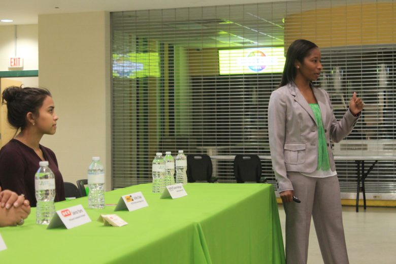 CAST STEM High School Principal Aja Gardner (right) addresses the audience during Wednesday evening’s event.